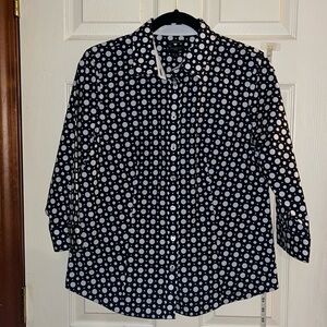 Talbots-12 P-navy blue&white polkadot-wrinkle resistant, button down, blouse/top